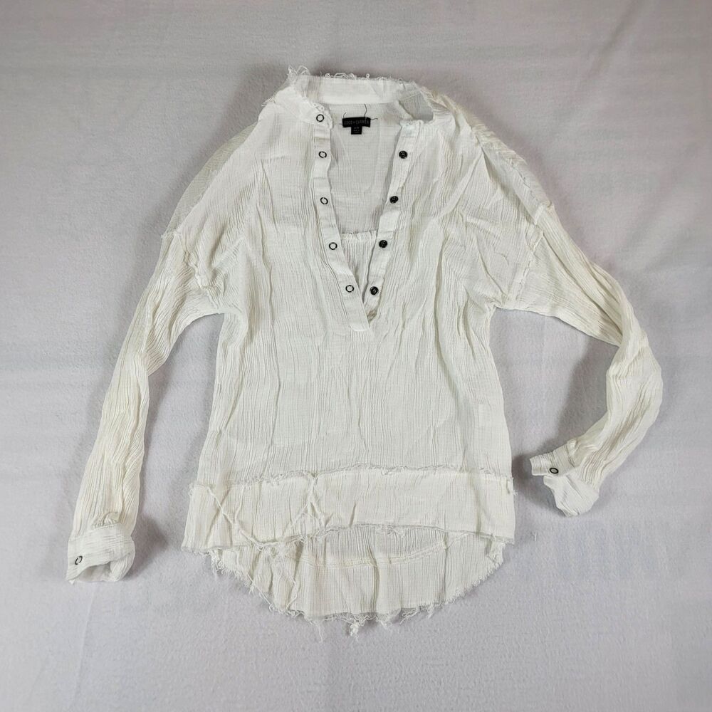 Coco + Carmen White Gauze Sheer Lightweight Raw Edges Beach Blouse Top S/M